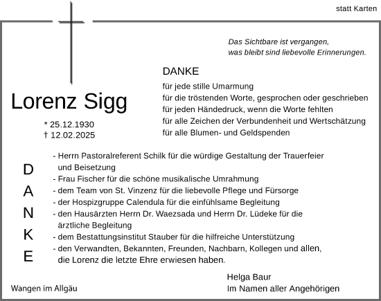Anzeige von Lorenz Sigg von Wangen