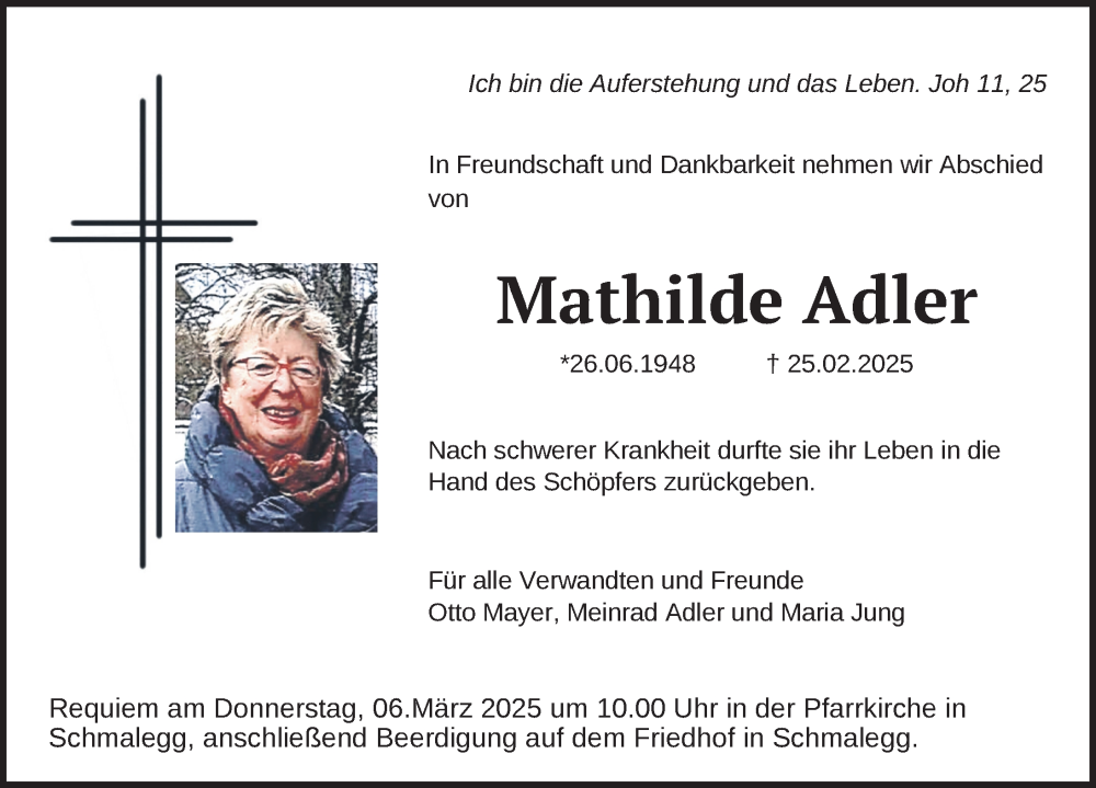  Traueranzeige für Mathilde Adler vom 01.03.2025 aus Ravensburg