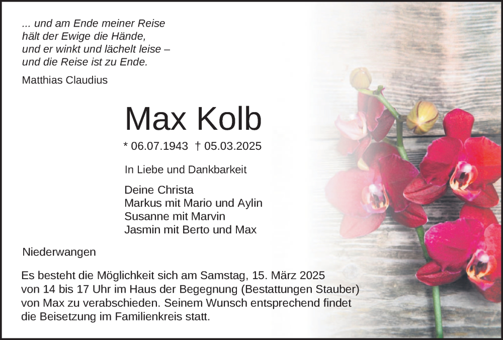  Traueranzeige für Max Kolb vom 12.03.2025 aus Wangen