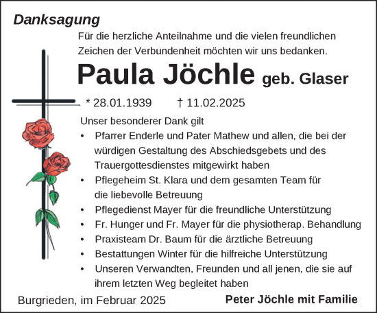 Anzeige von Paula Jöchle von Laupheim