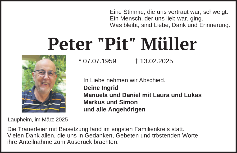  Traueranzeige für Peter Müller vom 08.03.2025 aus Laupheim