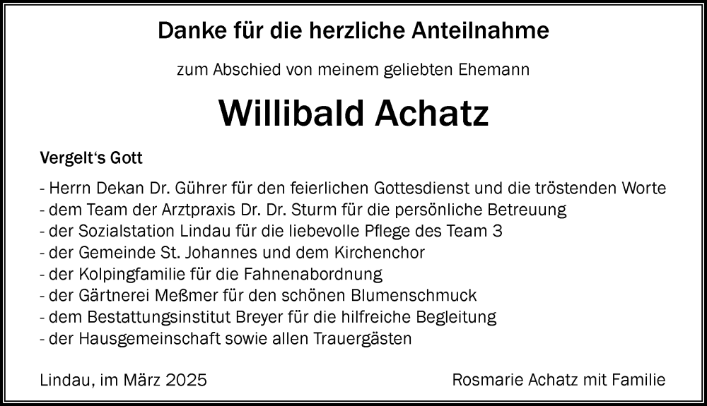  Traueranzeige für Willibald Achatz vom 01.03.2025 aus Lindau