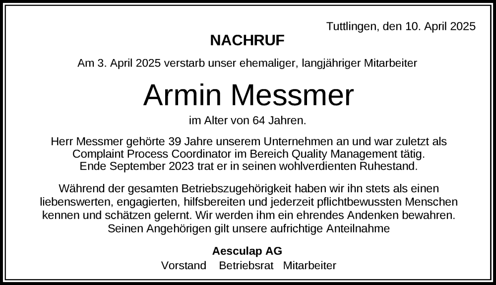  Traueranzeige für Armin Messmer vom 14.04.2025 aus 