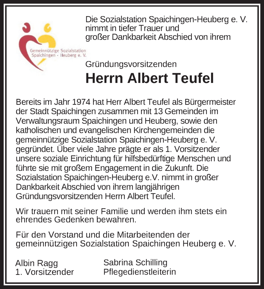  Traueranzeige für Albert Teufel vom 03.04.2025 aus Tuttlingen, Spaichingen, Trossingen