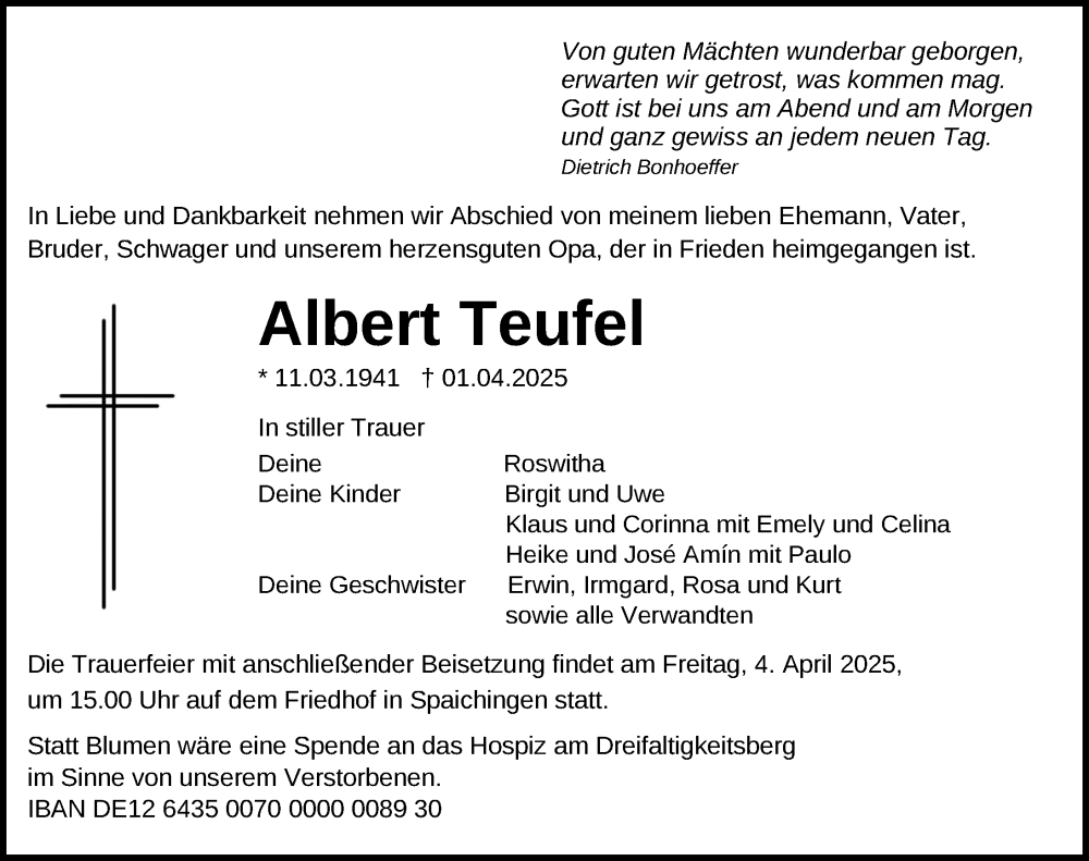  Traueranzeige für Albert Teufel vom 03.04.2025 aus Tuttlingen, Spaichingen, Trossingen