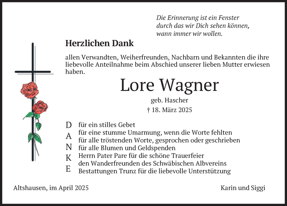  Traueranzeige für Lore Wagner vom 12.04.2025 aus Bad Saulgau