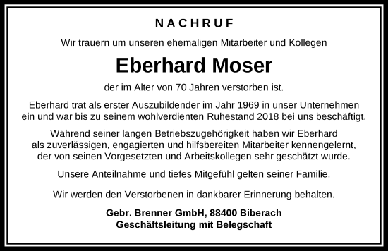Anzeige von Eberhard Moser von Biberach