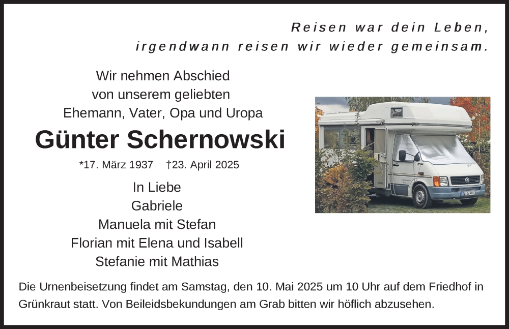  Traueranzeige für Günter Schernowski vom 03.05.2025 aus Ravensburg
